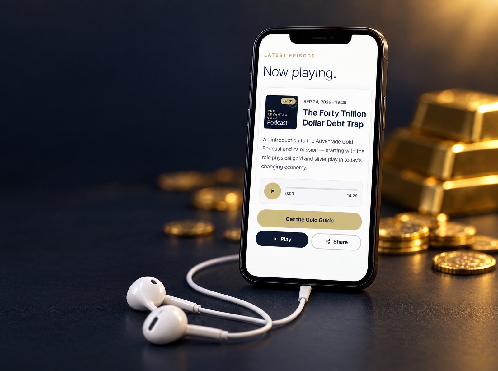 The Advantage Gold Podcast playing on a phone with wired earbuds